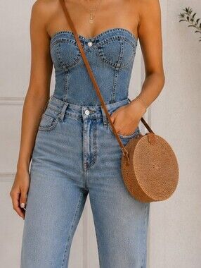 Rataan Round Woven Crossbody Bag in Light Brown